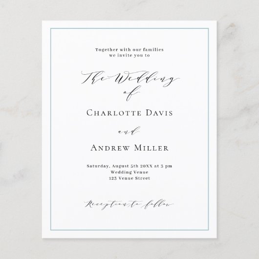 ほこりっぽい青い白フォーマル結婚式招待状 (正面)