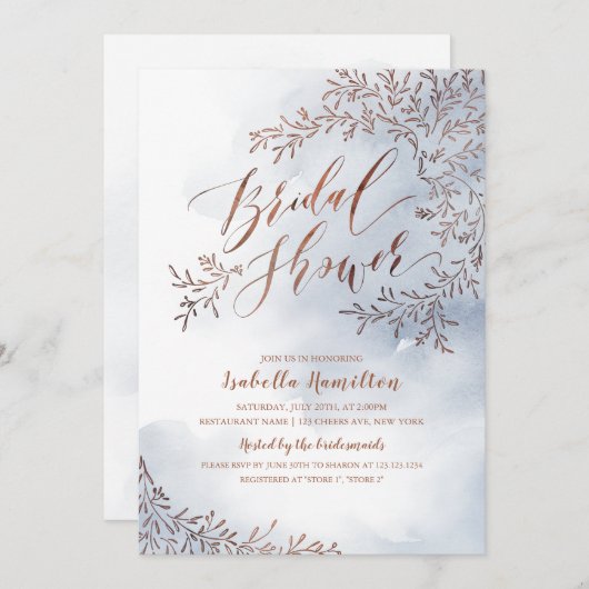 ほこりっぽい青い素朴なフローラ書道ブライダルシャワー 招待状 (正面/裏面)