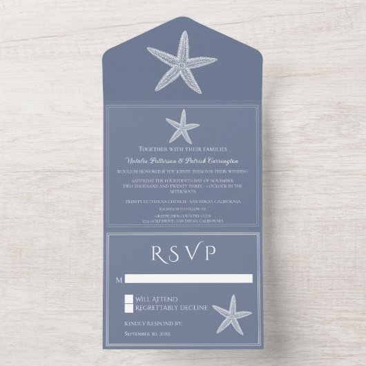 ほこりっぽい青い結婚ヒトデ オールインワン招待状 (内側)