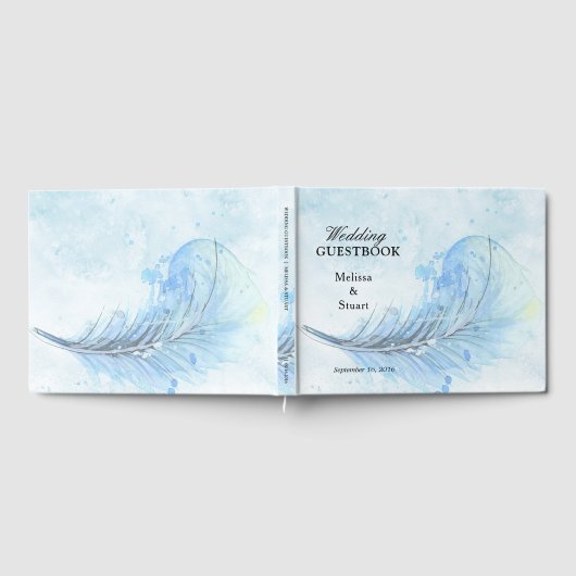 ほこりっぽい青い絵を描水色の結婚羽毛 ゲストブック (全面)