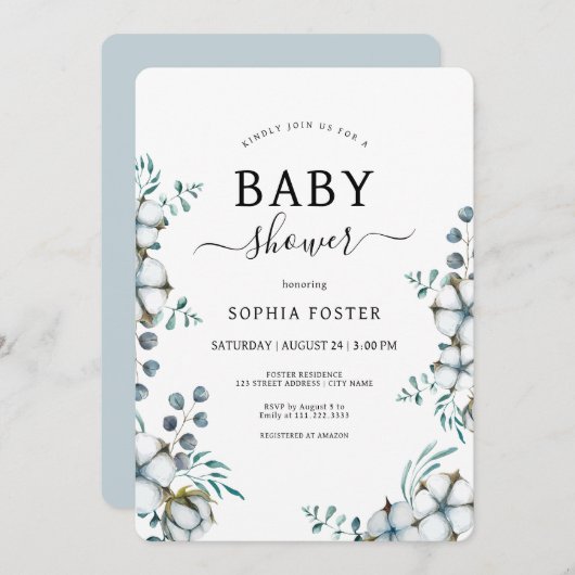 ほこりっぽい青い綿花植物性ベビーシャワー 招待状 (正面/裏面)