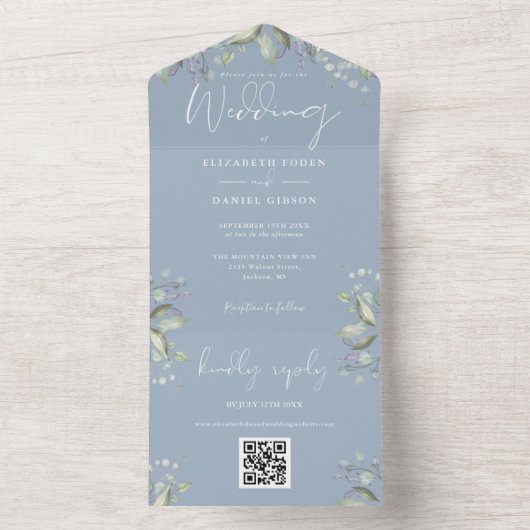 ほこりっぽい青い緑のフローラスクリプトQRコード結婚s オールインワン招待状 (内側)