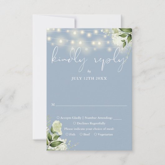 ほこりっぽい青い緑のフローラストリングラ結婚イト 出欠カード (正面)