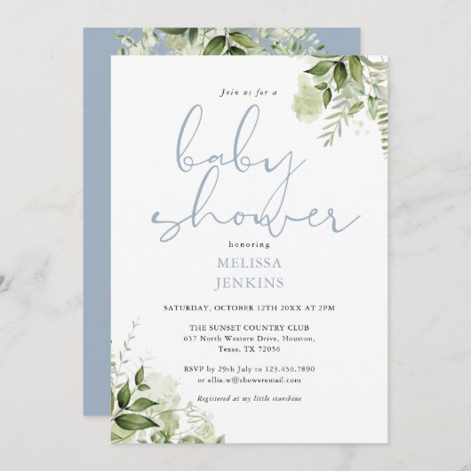 ほこりっぽい青い緑のフローラ男の子ベイビーシャワー 招待状 (正面/裏面)