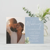 ほこりっぽい青い緑のフローラQRコード結婚写真 招待状 (スタンド正面)