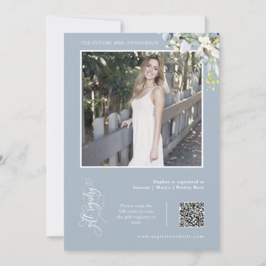 ほこりっぽい青い緑のブライダルシャワーQRコード写真 招待状 (裏面)