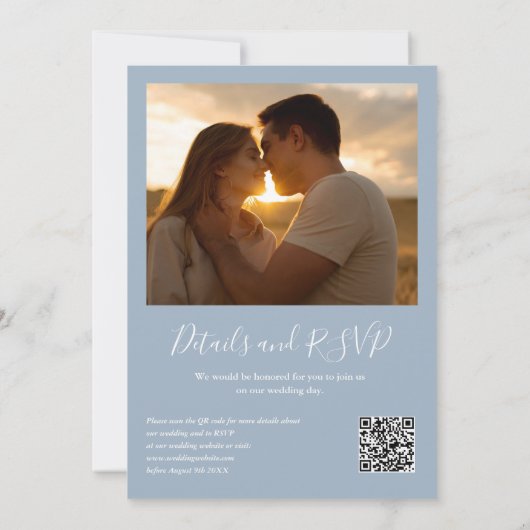 ほこりっぽい青い緑のライトQRコードフォト結婚ズ 招待状 (裏面)