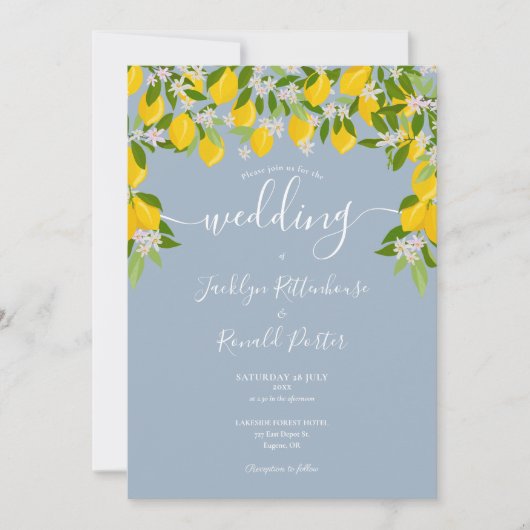 ほこりっぽい青い緑のレモン結婚の花 招待状 (正面)