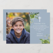 ほこりっぽい青い緑の写真最初の聖餐式 サンキューカード (正面/裏面)