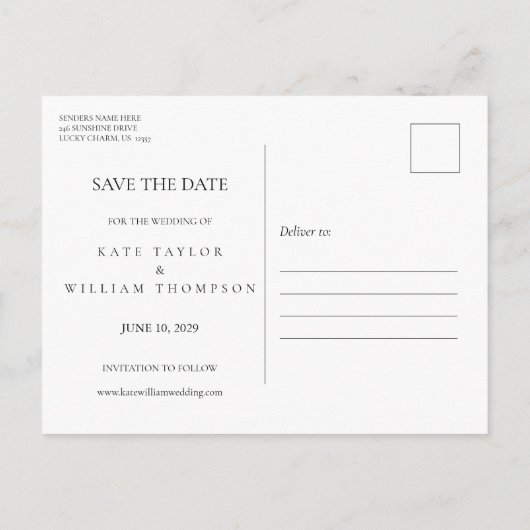 ほこりっぽい青い緑の写真結婚式の日付を保存 案内ポストカード (裏面)