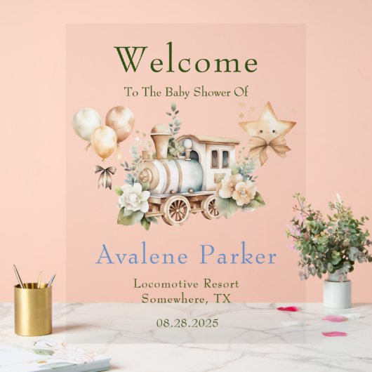 ほこりっぽい青い緑の列車の男の子シャワー歓迎サイン アクリルサイン (ウェディング)