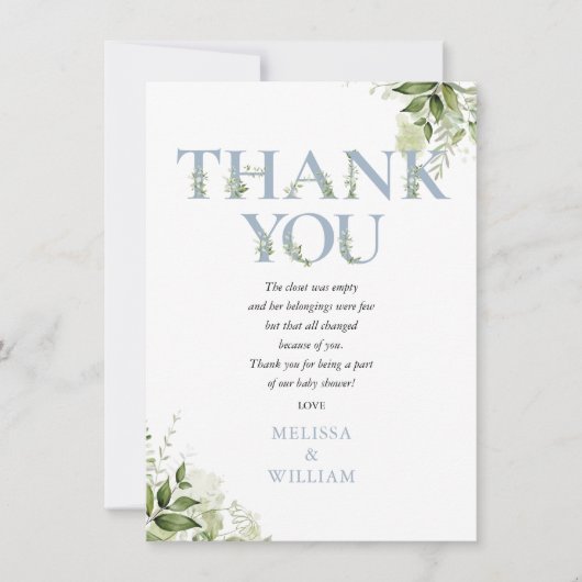 ほこりっぽい青い緑の手紙の赤ちゃんシャワー詩 サンキューカード (正面)