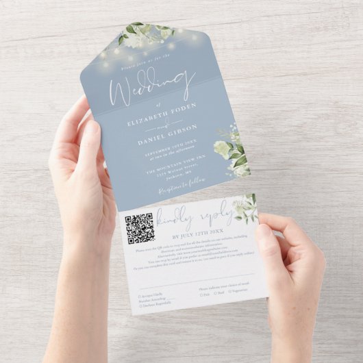 ほこりっぽい青い緑の文字列ライトQRコード結婚の オールインワン招待状 (貼ってはがせる)