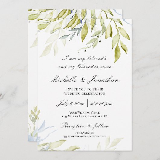 ほこりっぽい青い緑の植物性クリスチャン結婚ズ 招待状 (正面/裏面)