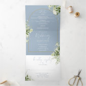 ほこりっぽい青い緑の金ゴールドアーチ結婚写真 三つ折り招待状 (内部)