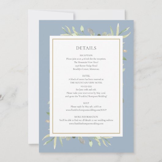 ほこりっぽい青い緑の金ゴールドフレーム結婚すべて 招待状 (裏面)