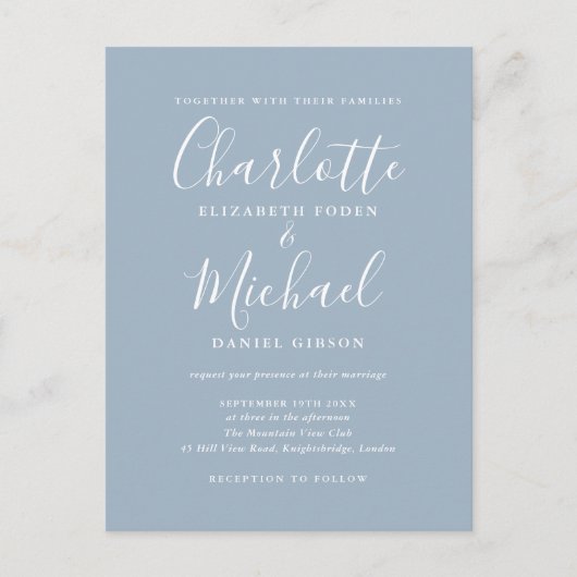 ほこりっぽい青い署名スクリプトの写真結婚の写真 インビテーションポストカード (正面)