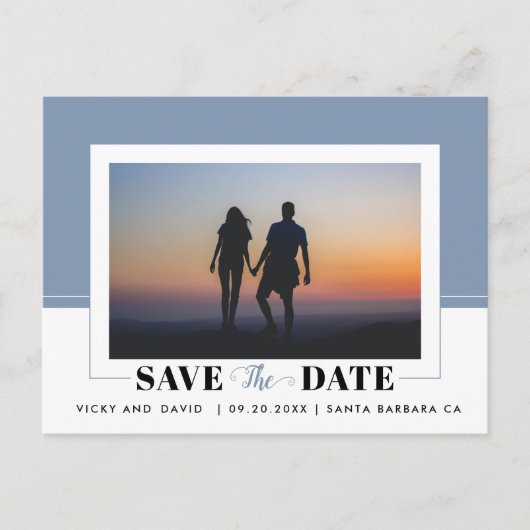 ほこりっぽい青い色のブロック結婚式の日付の写真を保存 ポストカード (正面)