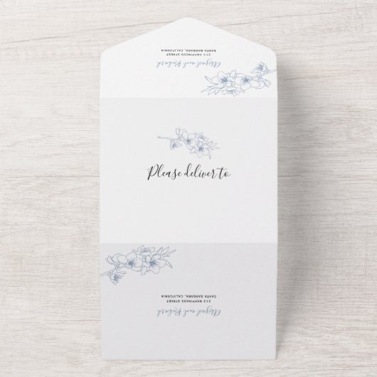 ほこりっぽい青い花々がアート結婚を彩る オールインワン招待状 (外側)