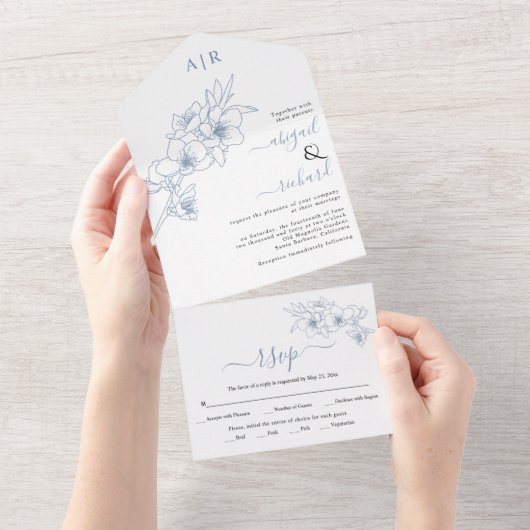 ほこりっぽい青い花々がアート結婚を彩る オールインワン招待状 (貼ってはがせる)