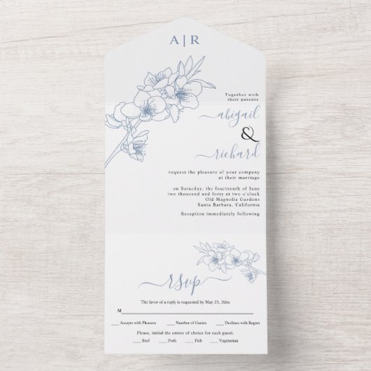 ほこりっぽい青い花々がアート結婚を彩る オールインワン招待状 (内側)