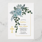 ほこりっぽい青い花とアーチフローラバプテスマ金ゴールド 箔招待状 (正面)