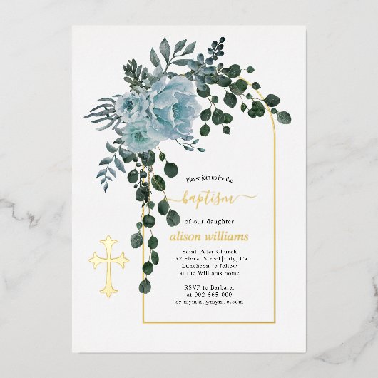ほこりっぽい青い花とアーチフローラバプテスマ金ゴールド 箔招待状 (正面)