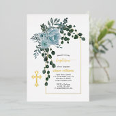 ほこりっぽい青い花とアーチフローラバプテスマ金ゴールド 箔招待状 (立ち正面)