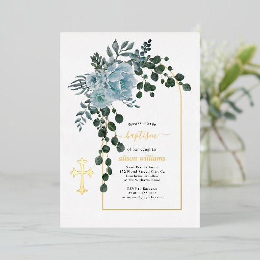 ほこりっぽい青い花とアーチフローラバプテスマ金ゴールド 箔招待状 (立ち正面)