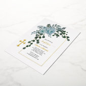 ほこりっぽい青い花とアーチフローラバプテスマ金ゴールド 箔招待状 (回転した状態)