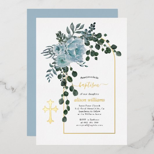 ほこりっぽい青い花とアーチフローラバプテスマ金ゴールド 箔招待状 (正面/裏面)