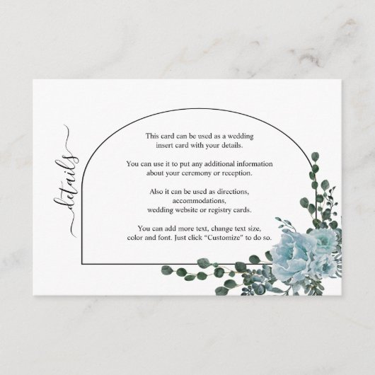 ほこりっぽい青い花とアーチ結婚フローラ エンクロージャーカード (正面)