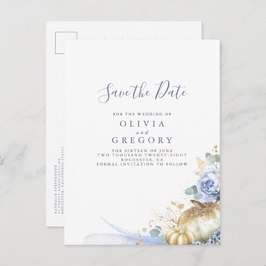 ほこりっぽい青い花とカボチャの日付を保存 案内ポストカード (正面/裏面)