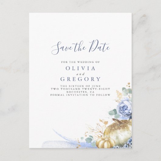 ほこりっぽい青い花とカボチャの日付を保存 案内ポストカード (正面)