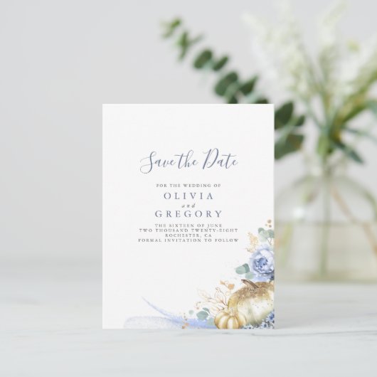 ほこりっぽい青い花とカボチャの日付を保存 案内ポストカード (スタンド正面)