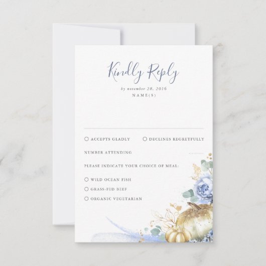 ほこりっぽい青い花とカボチャ結婚の 出欠カード (正面)