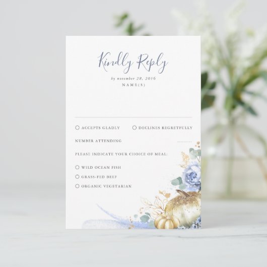 ほこりっぽい青い花とカボチャ結婚の 出欠カード (スタンド正面)