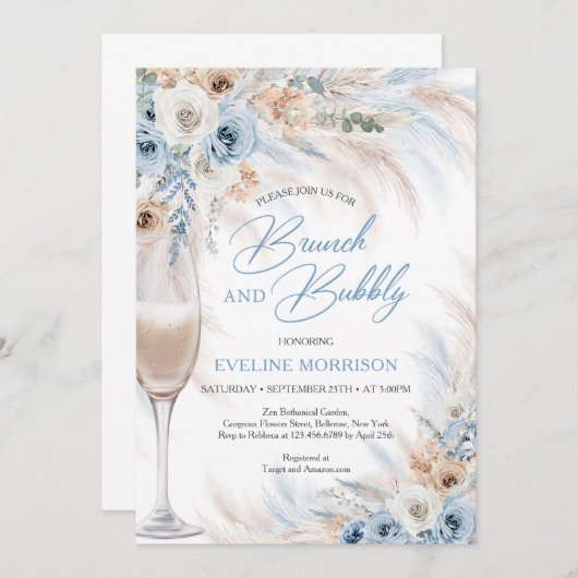 ほこりっぽい青い花とパンパのブランチと泡立ち 招待状 (正面/裏面)