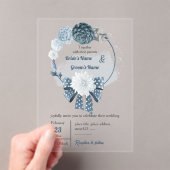 ほこりっぽい青い花とリボンフローラ結婚リース アクリル招待状 (インサイチュ (ポータブル))