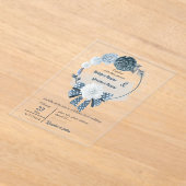 ほこりっぽい青い花とリボンフローラ結婚リース アクリル招待状 (レイダウン)