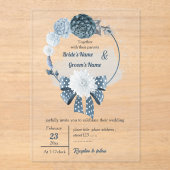 ほこりっぽい青い花とリボンフローラ結婚リース アクリル招待状 (正面)