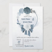 ほこりっぽい青い花とリボンフローラ結婚リース 招待状 (正面)