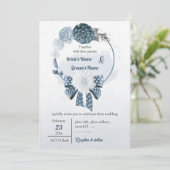 ほこりっぽい青い花とリボンフローラ結婚リース 招待状 (スタンド正面)