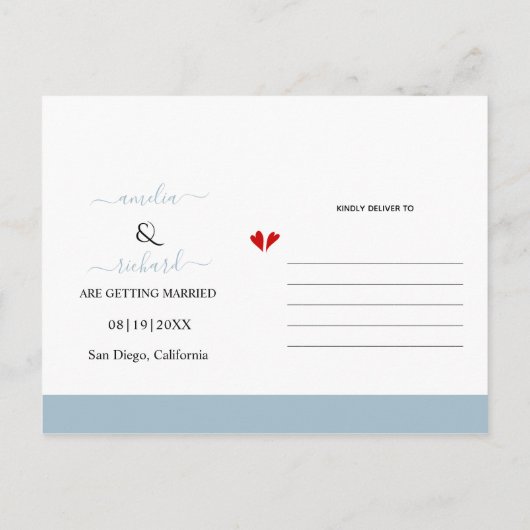 ほこりっぽい青い花のアーチ結婚式の日付を保存 ポストカード (裏面)