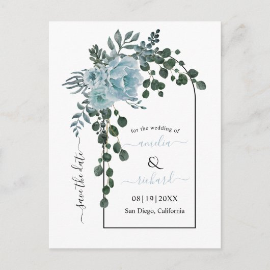 ほこりっぽい青い花のアーチ結婚式の日付を保存 ポストカード (正面)