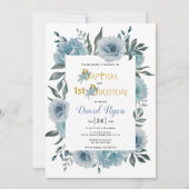 ほこりっぽい青い花の男の子バプテスマと誕生日 招待状 (正面)
