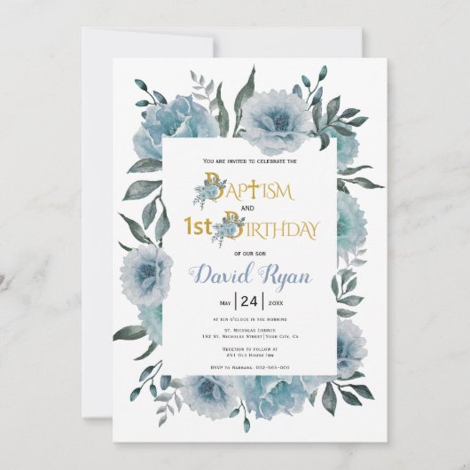 ほこりっぽい青い花の男の子バプテスマと誕生日 招待状 (正面)