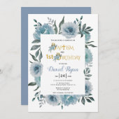 ほこりっぽい青い花の男の子バプテスマと誕生日 招待状 (正面/裏面)