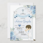 ほこりっぽい青い花の男の子最初の神聖な聖餐式 招待状 (正面)