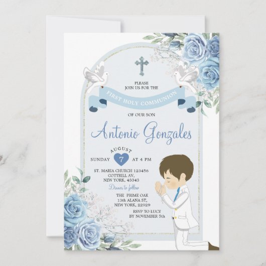 ほこりっぽい青い花の男の子最初の神聖な聖餐式 招待状 (正面)